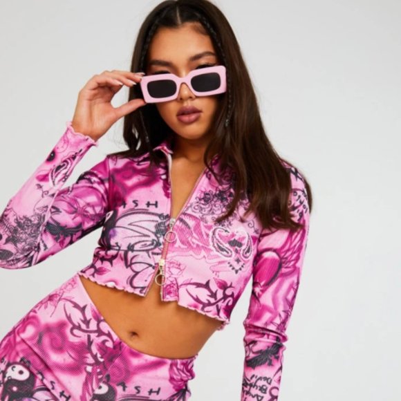 Jaded London Scribble Print zip up Rib Cardigan - Picture 1 of 3